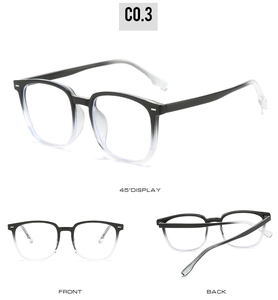 Detail view of retro black to clear gradient TR90 square glasses frames with rivets
