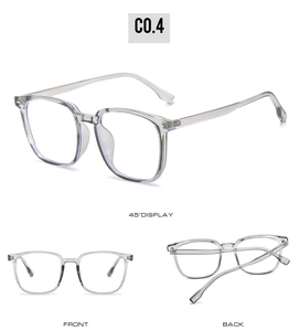 Three-view display of transparent grey TR square frame glasses from 45-degree, front, and back