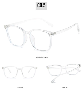 Detailed views of transparent square TR90 eyewear frames from multiple angles
