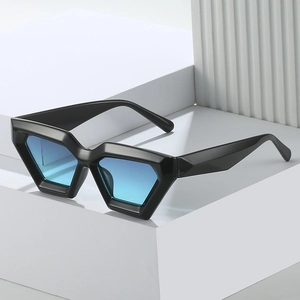 Modern geometric sunglasses with black frame and blue gradient lenses for men and women