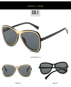 Three-view display of aviator sunglasses with black frame and golden metal accents
