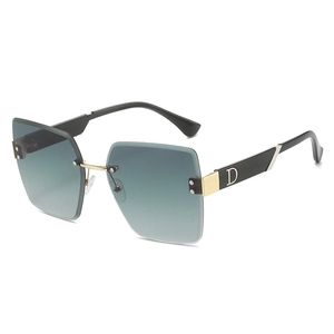 Fashion rimless square sunglasses with grey gradient lenses and gold D-letter temple detail