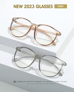 Macro shot of TR90 large round glasses frames in transparent tea and grey colors