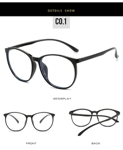 Detailed multi-angle views of TR90 oversized black round frames showing the frame structure