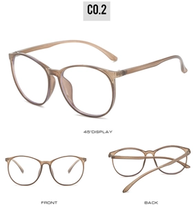 Detail view of TR90 large round glasses frames in translucent amber with three angles
