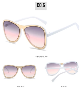 Three-view display of white oversized aviator sunglasses with purple gradient lenses