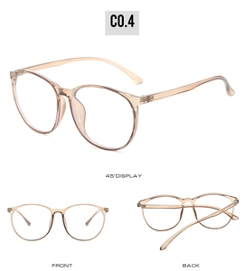 Detailed views of champagne TR90 round frame glasses showing front and back design