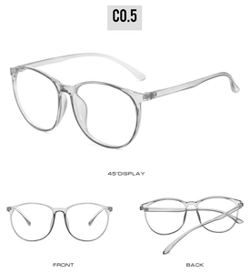 Three-view layout of transparent grey TR90 round frames showing front and side angles