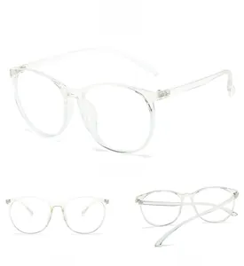 Detailed views of transparent TR90 round glasses frame from front, back, and 45-degree angle