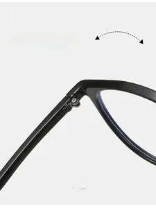 Macro detail of high-strength metal hinge and screw on black TR90 round glasses frames