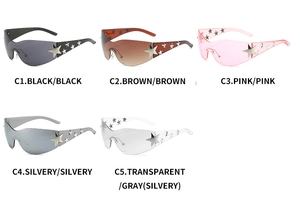 Y2K wrap sunglasses with metal star details in black brown pink and silver colors