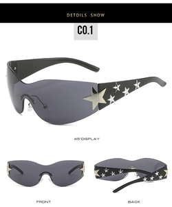 Detailed views of Y2K star-studded wraparound sunglasses with dark grey lenses