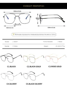 Detailed size chart and specifications for classic metal frame eyeglasses with five colors