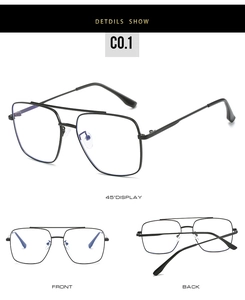 Classic matte black metal aviator glasses frame with clear lenses shown in three views