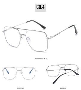 Multiple views of silver pilot metal glasses frames with anti-blue light clear lenses