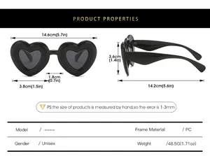 Size chart for heart shaped Y2K sunglasses showing dimensions and PC material specs