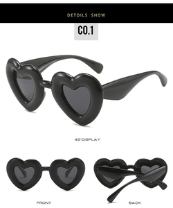 Three-angle views of heart shaped black Y2K sunglasses with 45 degree front and back displays