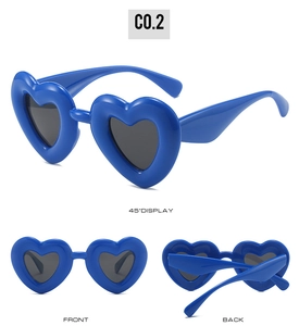 Three-view detail of blue heart-shaped Y2K sunglasses from front, 45-degree, and back