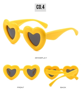Three-way view of yellow heart-shaped sunglasses with front, back, and 45-degree angle