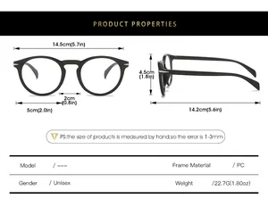 Detailed size chart for retro round frame glasses showing dimensions in cm and inches