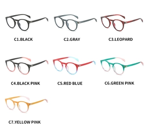 Overview of seven vintage round glasses frames in various solid and gradient color options