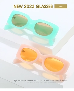 Detail of trendy rectangle sunglasses in mint green and peach pink on geometric blocks