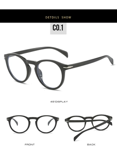 Three perspectives of round black full-rim glasses with arrow-shaped metal hinge accents