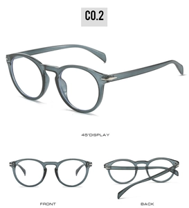 Three angles of translucent grey-blue round glasses frame with silver arrow details