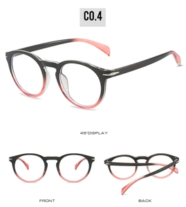 Three views of retro round black and pink gradient eyeglasses frames with silver rivets