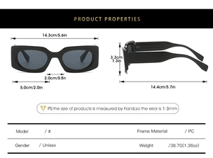 Detailed size chart showing dimensions for black rectangular PC frame sunglasses