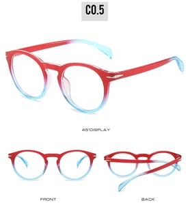 Detailed views of round glasses frames with red and blue gradient color from multiple angles