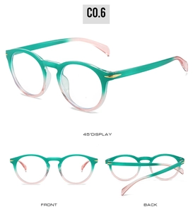 Three-way view of round gradient teal to pink eyeglass frames with gold arrow accents