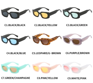 Collage of wide-temple rectangular sunglasses in nine vibrant multi-color frame options