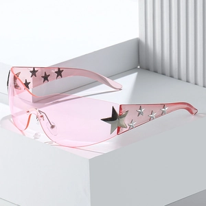 Chic oversized rimless sunglasses with pink lenses and silver star temple accents