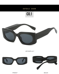 Detailed views of black square frame sunglasses from front, back, and 45-degree angles