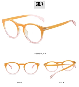 Three-angle view of round gradient orange and pink eyewear frames with silver metal hinges