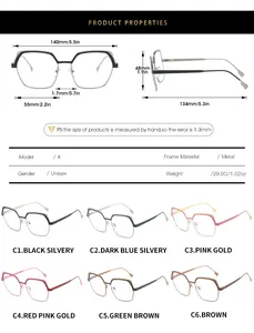 Size chart for unisex polygon metal glasses frame showing dimensions and frame weight