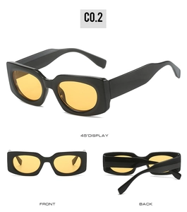 Three views of black rectangular sunglasses with bright yellow transparent lenses