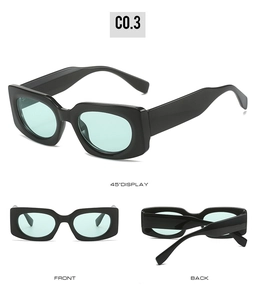 Detailed views of stylish square sunglasses in black frame with light blue lenses