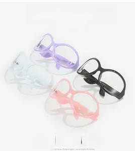Detail of colorful Y2K wrap glasses frames in purple, blue, pink and black acetate