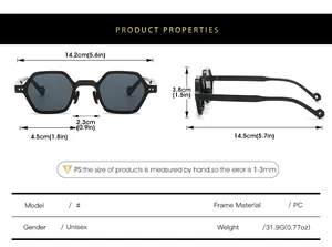Detailed size chart of small frame polygonal sunglasses with dimensions and PC material
