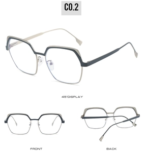 Detailed views of geometric metal glasses frames in navy blue and silver with nose pads