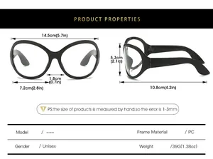 Size chart for Y2K oversized wrap glasses with detailed frame dimensions and PC material info