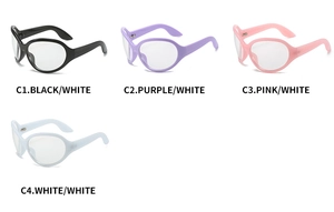 Collection of Y2K wrap-around oval glasses frames in black, purple, pink and white