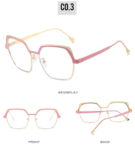 Detailed multi-angle view of pink and gold polygonal metal frame glasses with adjustable pads
