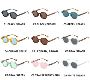 Grid showing nine color options for small frame hexagonal sunglasses with diverse lenses