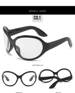Three-way view of black Y2K oversized wrap glasses showing front, back, and 45-degree angle