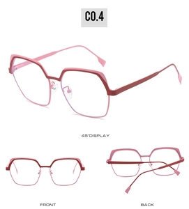 Front, back, and side views of pink and burgundy polygonal metal glasses frames
