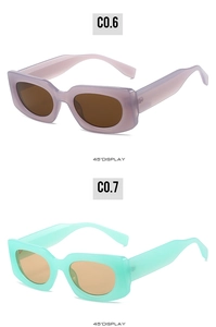 Detail view of colorful translucent square frame sunglasses at a 45-degree angle