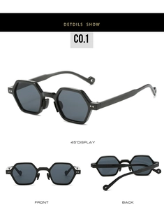Detailed multi-angle view of black hexagonal small frame sunglasses with thick temples